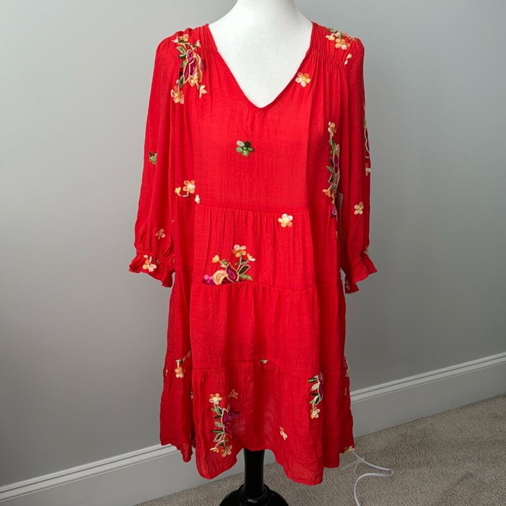 Figueroa & Flower Red Boho Embroidered Ruffle Floral Dress Womens Medium NWT
